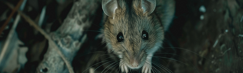 The image shows a close-up of a small rodent, possibly a mouse, with large, dark eyes and long whiskers.